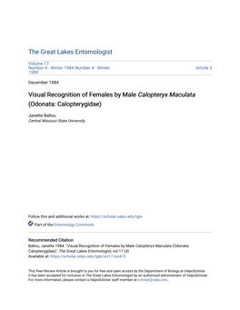Visual Recognition of Females by Male Calopteryx Maculata (Odonata: Calopterygidae)