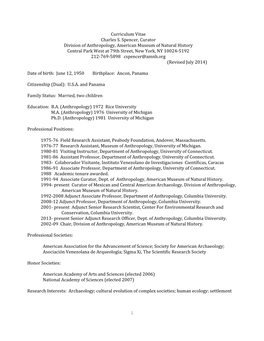 Curriculum Vitae Charles S. Spencer, Curator Division of Anthropology