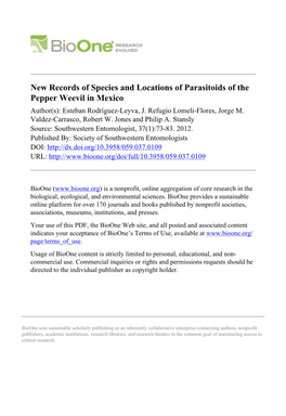 New Records of Species and Locations of Parasitoids of the Pepper Weevil in Mexico Author(S): Esteban Rodríguez-Leyva, J