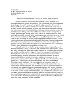 Lindsay Hays 12.491 Biogeochemistry of Sulfiur Professor Shuhei Ono 12/14/07