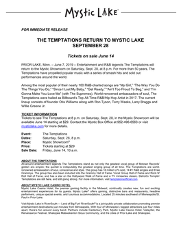 The Temptations Return to Mystic Lake September 28