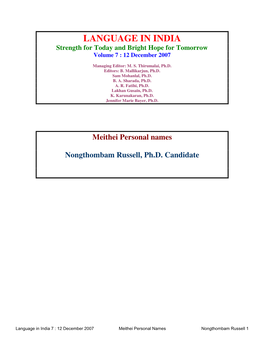 Meithei Personal Names Nongthombam Russell, Ph. D. Candidate