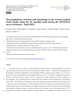 Mesozooplankton Structure and Functioning in the Western Tropical South Pacific Along the 20° Parallel South During the OUTPACE Survey (February –April 2015)