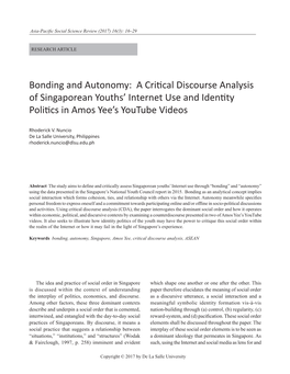 Bonding and Autonomy: a Critical Discourse Analysis of Singaporean Youths’ Internet Use and Identity Politics in Amos Yee’S Youtube Videos