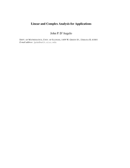 Linear and Complex Analysis for Applications John P. D'angelo