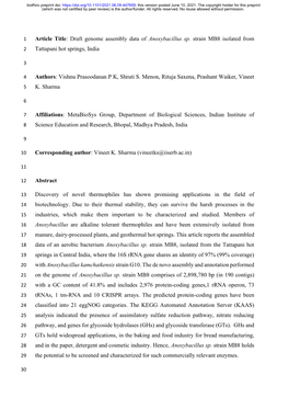 Draft Genome Assembly Data of Anoxybacillus Sp. Strain MB8 Isolated from 2 Tattapani Hot Springs, India