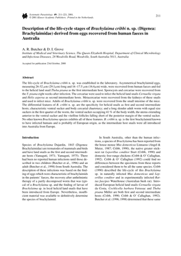 Description of the Life-Cycle Stages of Brachylaima Cribbi N. Sp. (Digenea: Brachylaimidae) Derived from Eggs Recovered from Human Faeces in Australia