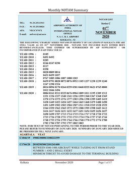 Monthly NOTAM Summary 01ST NOVEMBER 2020