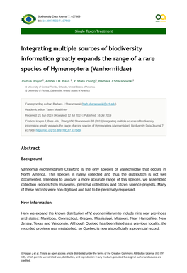 Integrating Multiple Sources of Biodiversity Information Greatly Expands the Range of a Rare Species of Hymenoptera (Vanhorniidae)