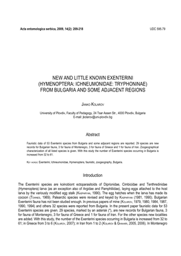Hymenoptera: Ichneumonidae: Tryphoninae) from Bulgaria and Some Adjacent Regions