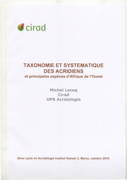 TAXONOMIE ET SYSTEMATIQUE DES ACRIDIENS Et Principales Espèces D’Afrique De L’Ouest