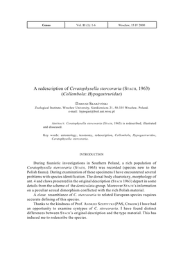 A Redescription of Ceratophysella Stercoraria (STACH, 1963) (Collembola: Hypogastruridae)