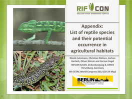 Appendix: List of Reptile Species and Their Potential Occurrence in Agricultural Habitats
