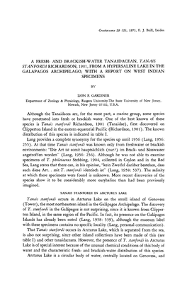 A Fresh- and Brackish-Water Tanaidacean, Tanais Stanfordi Richardson, 1901, from a Hypersaline Lake in the Galapagos Archipelago