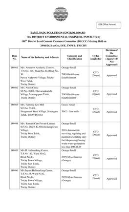 TAMILNADU POLLUTION CONTROL BOARD O/O. DISTRICT ENVIRONMENTAL ENGINEER, TNPCB, Trichy 180 District Level Consent Clearance Commi