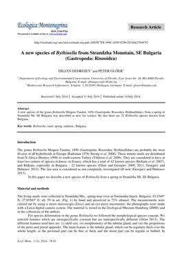 A New Species of Bythinella from Strandzha Mountain, SE Bulgaria (Gastropoda: Risooidea)