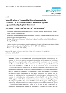 Identification of Insecticidal Constituents of the Essential Oil of Acorus Calamus Rhizomes Against Liposcelis Bostrychophila Badonnel