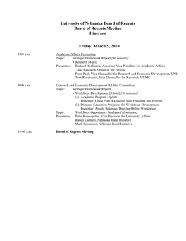 University of Nebraska Board of Regents Board of Regents Meeting Itinerary