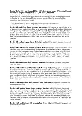 Southbound Closure of Wearmouth Bridge, Sunderland – Stagecoach Services 3, 4, 13, 16, 23, E1, E2 and E6