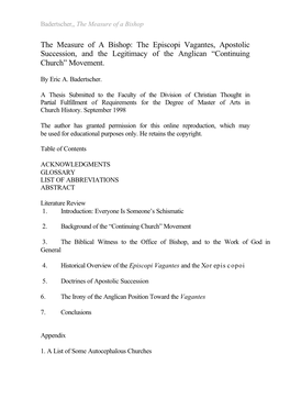 The Measure of a Bishop: the Episcopi Vagantes, Apostolic Succession, and the Legitimacy of the Anglican “Continuing Church” Movement