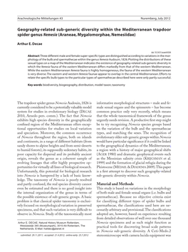 Geography-Related Sub-Generic Diversity Within the Mediterranean Trapdoor Spider Genus Nemesia (Araneae, Mygalomorphae, Nemesiidae)