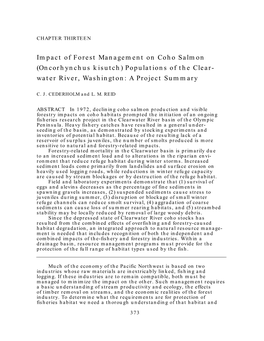 Impact of Forest Management on Coho Salmon (Oncorhynchus Kisutch) Populations of the Clear- Water River, Washington: a Project Summary