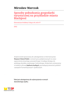 Mirosław Marczak Sposoby Pobudzania Gospodarki Turystycznej Na Przykładzie Miasta Blackpool