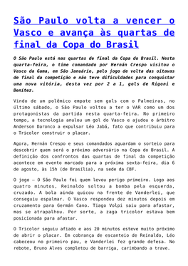 São Paulo Volta a Vencer O Vasco E Avança Às Quartas De Final Da Copa Do Brasil