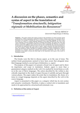 A Discussion on the Phases, Semantics and Syntax of Aspect in the Translation of ‘’Transformation Structurelle, Intégration Régionale Et Mobilisation Des Ressources’’