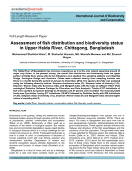 Assessment of Fish Distribution and Biodiversity Status in Upper Halda River, Chittagong, Bangladesh