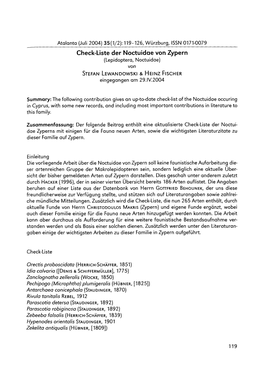 Check-Liste Der Noctuidae Von Zypern (Lepidoptera, Noctuidae) Von Stefan L Ew Andow Ski & H Ein Z Fisch Er Eingegangen Am 29.IV.2004