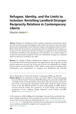 Refugees, Identity, and the Limits to Inclusion: Revisiting Landlord-Stranger Reciprocity Relations in Contemporary Liberia Maarten Bedert