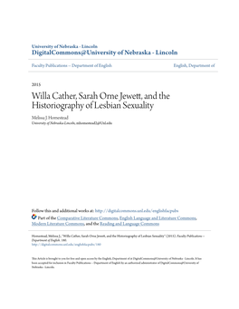 Willa Cather, Sarah Orne Jewett, and the Historiography of Lesbian Sexuality Melissa J