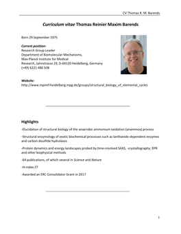 Curriculum Vitae Thomas Reinier Maxim Barends