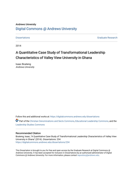 A Quantitative Case Study of Transformational Leadership Characteristics of Valley View University in Ghana