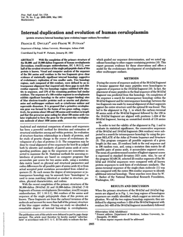 Internal Duplication and Evolution of Human Ceruloplasmin (Protein Structure/Internal Homology/Gene Evolution/Copper Oxidases/Ferroxidase) FRANCIS E