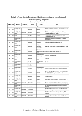 Details of Quarries in Ernakulam District As on Date of Completion of Quarry Mapping Program