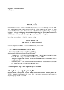 PROTOKÓŁ Kontroli Problemowej W Ramach Kontroli Koordynowanej Funduszu Sołeckiego W Latach 2009- 2011 Przeprowadzonej W Dniach Od 18 Kwietnia Do 15 Czerwca 2012 R