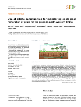 Use of Ciliate Communities for Monitoring Ecological Restoration of Grain for the Green in North-Western China