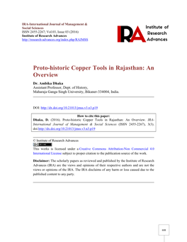 Proto-Historic Copper Tools in Rajasthan: an Overview Dr