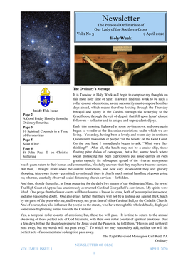 Newsletter the Personal Ordinariate of Our Lady of the Southern Cross Vol 1 No 3 9 April 2020 Holy Week