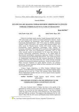 1923-1950 Yillari Arasinda Toprak Reformu Girişimleri Ve Çiftçiyi Topraklandirma Kanununa Yapilan Muhalefet