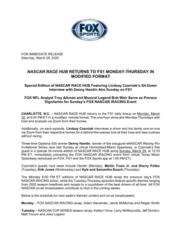 Nascar Race Hub Returns to Fs1 Monday-Thursday in Modified Format