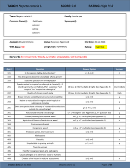 TAXON:Nepeta Cataria L. SCORE:9.0 RATING:High Risk