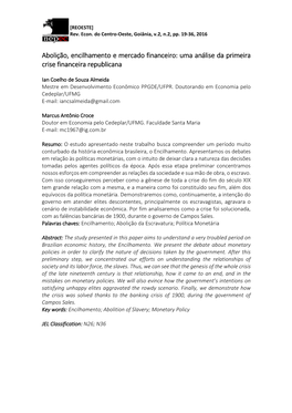 Abolição, Encilhamento E Mercado Financeiro: Uma Análise Da Primeira Crise Financeira Republicana