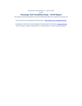 Passenger Rail Feasibility Study – Draft Report an Analysis of Rail Transit Options on the 32-Mile Branch Rail Line in Santa Cruz County, CA