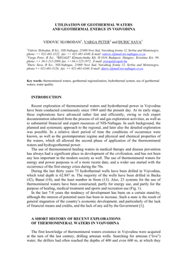 Utilisation of Geothermal Waters and Geothermal Energy in Vojvodina