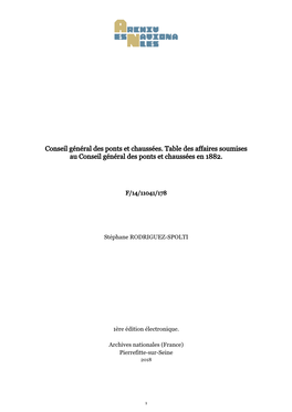 Conseil Général Des Ponts Et Chaussées. Table Des Affaires Soumises Au Conseil Général Des Ponts Et Chaussées En 1882