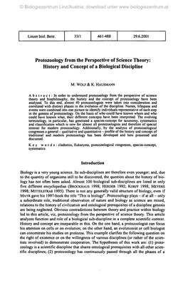 Protozoology from the Perspective of Science Theory: History and Concept of a Biological Discipline