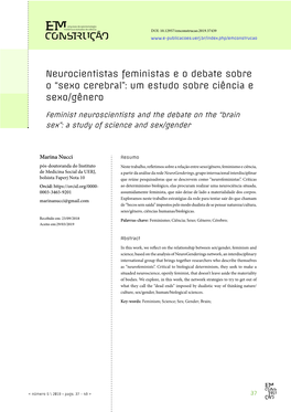 Neurocientistas Feministas E O Debate Sobre O “Sexo Cerebral”: Um Estudo Sobre Ciência E Sexo/Gênero
